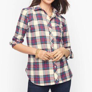 Talbots Classic Cotton Plaid Button Down Shirt Ivory/Red/Green/Blue (Size XS)